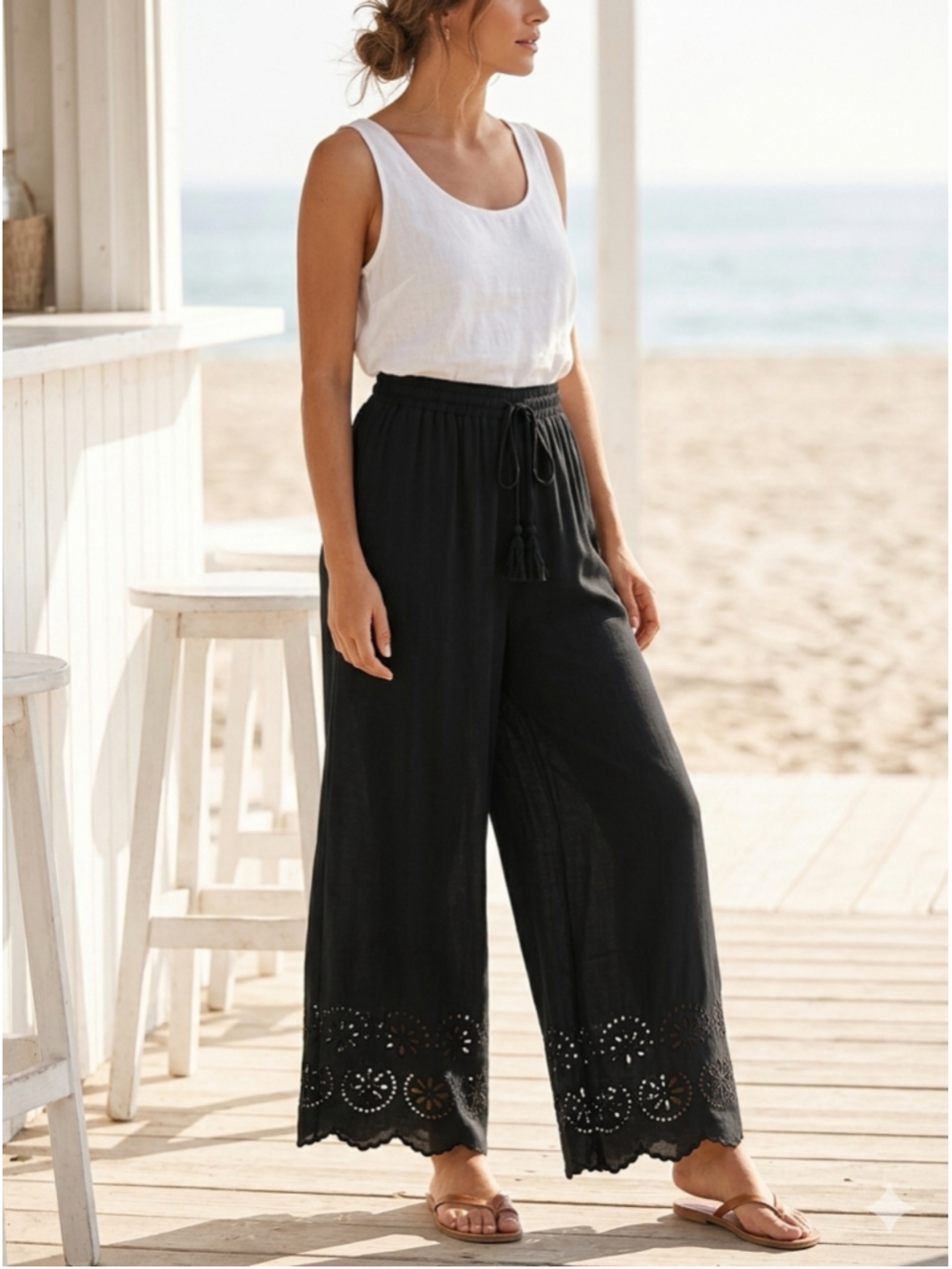 Cupshe Black Wide-Leg Pants with Eyelet Hem casual beach, cover-up cruise 1445